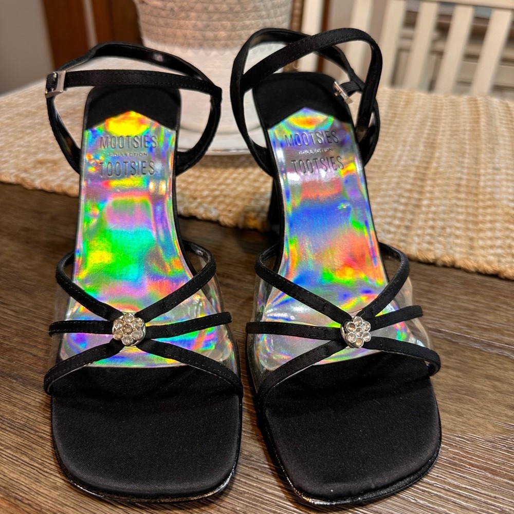 Y2K Mooties Collection Tootsies Holographic Black Heels Sandals 7 Leather Sole‎